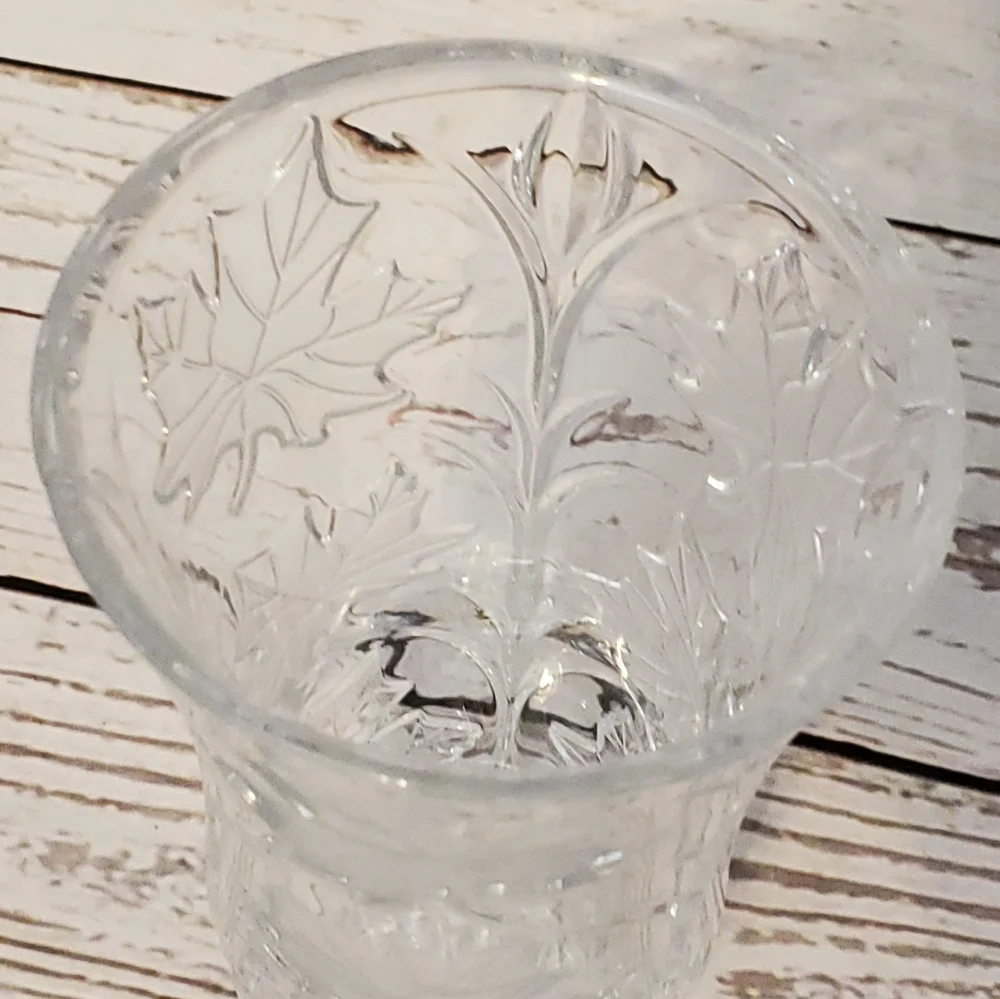 Deplomb vintage lead crystal frosted maple leaves vase 9 inches tall